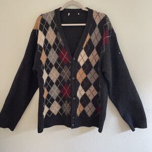 Vintage Argyle Pure New Wool Cardigan Sweater Black Brown Italy Grandpa Preppy L